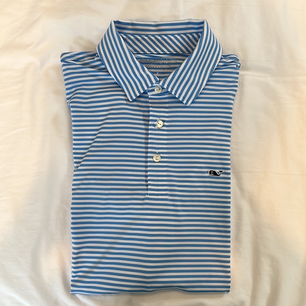 Vineyard Vines Striped Performance Polo (Color: Light Blue / Size: S)